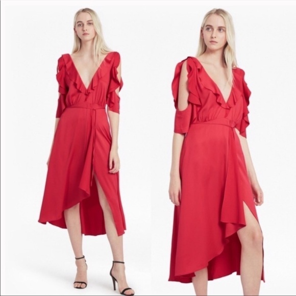 French Connection maudi drape red wrap cold shoulder dress - Picture 2 of 13